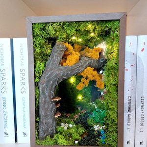 Rincón de libros en el bosque hecho a mano: estantería en miniatura con luces LED, diorama de fantasía en el bosque, regalo único para amantes de los libros
