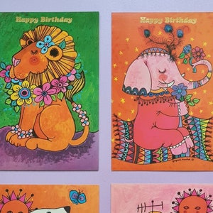 Vintage bunte Geburtstagskarten | Gwyneth Mamlok Illustratorin | Kindergeburtstag | Jungen Geburtstag | Mädchengeburtstag | 4 verschiedene Designs