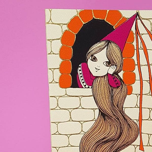 Vintage unused Valentine greeting card | 1970s | Rapunzel | Fairy tale | Hello from a distant admirer | Love | No.87