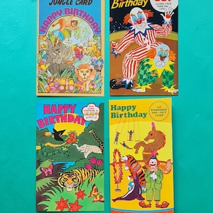 Cartes d’anniversaire vintage | Pour les enfants | Cartes de vœux des années 1970 | Cirque | Clown | Jungle | Cartes animaux Choix des designs