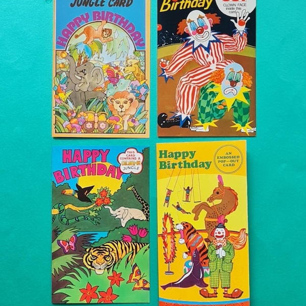 Vintage Birthday cards | For kids | 1970s greeting cards | Circus | Clown | Jungle | Animal cards Choice of designs
