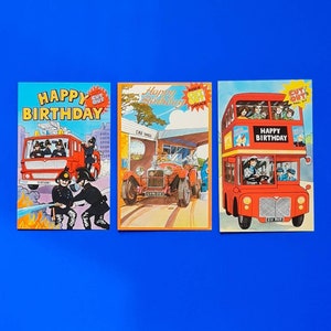 May include: Three Happy Birthday cards with cut-out designs. The first card features a red fire truck with firefighters. The second card features a red car at a car wash. The third card features a red double-decker bus.
