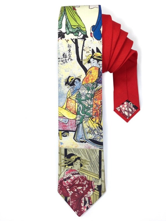 Japanese Geisha Cotton Tie Red Japanese Tie Geisha Tie Neck Etsy