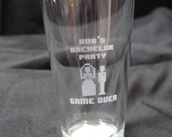 Beer Glass - Retro Gamer 8 Bit Bachelor Party Custom Etched Pint Glass