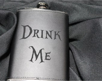 Flask - Alice in Wonderland Inspired Black Leather Wrapped Stainless Steel Flask with Laser Engraving
