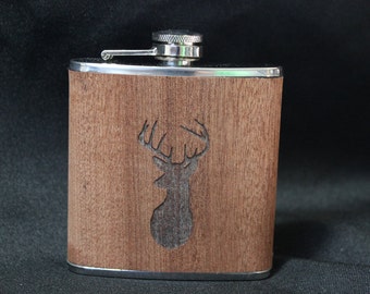 Flask - Wood wrapped 6oz flask with Deer silhouette