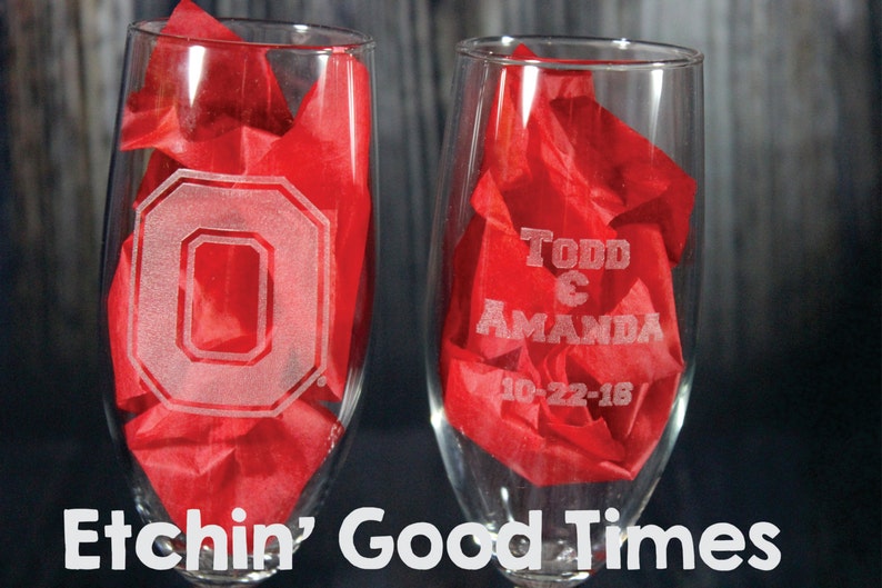 Ohio State Champagne Glass Officially Licensed Ohio State Block O Champagne Flute Laser engraved Set of 2 image 3