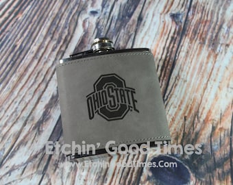 Ohio State Flask - Ohio State Athletic Logo College Football 6oz Grey Wrapped Stainless Steel Flask Laser Engraved Officially Licensed