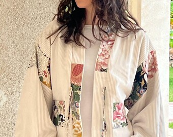 Kimono “Unkai” / jacket / short / corduroy / cream / loose fit / oversized / one size fits all / Japanese cotton / Haori