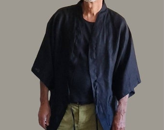 Veste /Kimono /Japon/ Lin/ Haori /Noir/Kaki militaire / Taille unique/