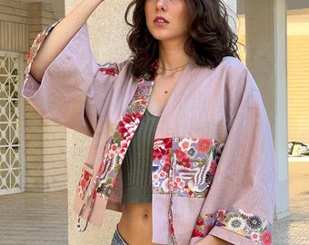 Loose-fitting short jacket/Washed linen kimono/Japan/Haori sleeves/Japanese cotton/Stonewashed linen/Sizes XS to XL/Oversized/Asian floral prints/