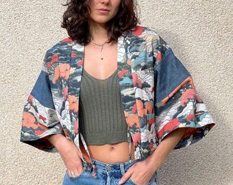 Kimono "Musha"/jacket/short/lined/Japan/ /Haori/One size/oversized/vintage jeans/Unisex/minimalist boho jacket