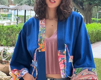 Kimono “Sora” /short/jacket/loose/Japan/Haori/Cotton/Linen/One size/Oversized/Cashmere/Flowers
