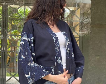 Short "Koinobori" kimono in navy blue stonewashed linen and Japanese cotton - Women's kimono jacket - Carp and cherry blossom motifs