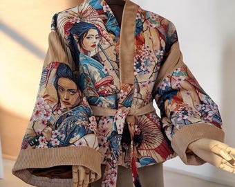 "Senshi" kimono jacket in jacquard fabric – tattooed geisha motif – Japanese jacket – boho mid-length kimono