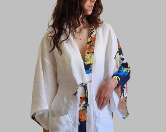 Lightweight jacket/Linen kimono/Stonewashed linen/White/Floral print/Japan/Haori sleeves/