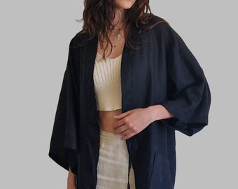 Long unisex kimono “Kurayami” /Japan/ Stonewashed linen/ Haori /One size fits all/ Black/Unisex kimono/Minimalist boho jacket