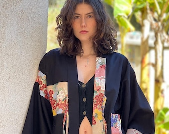 Kimono Haori "Hoshi" short jacket in black stonewashed linen with Japanese origami cotton and flowers