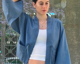 Unisex short kimono "Kaiyo"/Japan/Stonewashed linen/Haori/One size/Denim blue/Oversized/Boho jacket/French craftsmanship