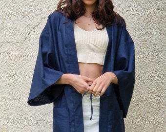 Kimono “Aoha” /Japan/ jacket/Stone-washed linen / navy blue/Haori/ handmade/Japan/Tokyo/Unisex/Customizable