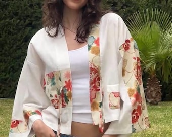 Short "Asanoha" kimono in stonewashed linen and Japanese cotton - Women's kimono jacket - Crane and flower motifs - Unique boho chic piece