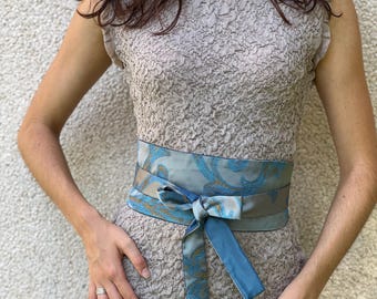 Wide Baroque Obi Belt, Blue/Gray, Custom Sizes S/M/L/XL