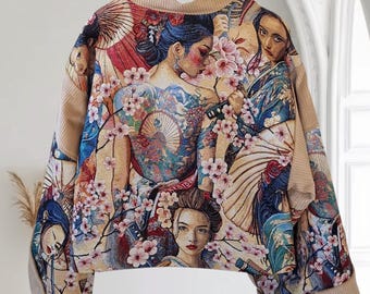 "Sakura Ink" kimono jacket in jacquard fabric – tattooed geisha motif – Japanese jacket – short boho jacket