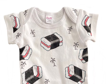 Spam Musubi + Palm Trees Pattern Baby One-Piece Bodysuit Layette Gown or Blanket | Hand Painted
