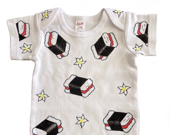 Spam Musubi + Plumeria Pattern Baby One-Piece Bodysuit Layette Gown or Blanket | Hand Painted
