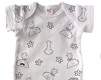 Laulau + Poi Pounder + Plumeria Pattern Baby One-Piece Bodysuit Layette Gown or Blanket | Hand Painted
