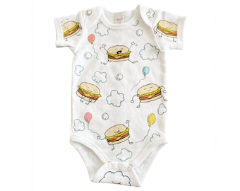 Baby-Q Cheeseburger Pattern Baby One-Piece Bodysuit Layette Gown or Blanket | Hand Painted