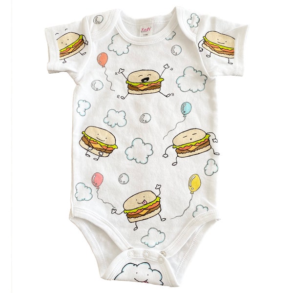 Baby-Q Cheeseburger Muster Baby Body Babykleidung Kleid oder Decke | Handbemalt