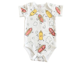 Baby-Q Hotdog and Mustard Pattern Baby One-Piece Bodysuit Layette Gown or Blanket | Hand Painted