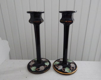 Art Deco Black Glass Candle Holders - Pair of Antique Black Candle Sticks - 1920s Candlestick Holder - Hand Painted Art Deco Home Decor