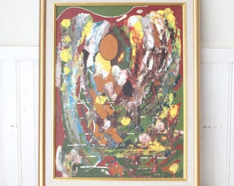 Pintura al óleo abstracta vintage de la artista de Chicago Elizabeth Bramsen - Firmada y fechada en 1972 - Titulada "El niño y el cordero"