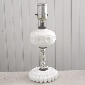 Vintage Milk Glass Boudoir Bedroom Nursery Lamp - 1960s Table Accent Lamp - Milk Glass Lamp w/Silver Metal Fittings - Little Girl&#39;s Bedroom