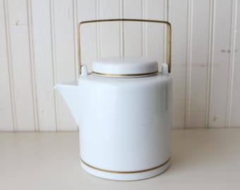 Vintage Dansk Winter White Teapot - Minimalist Danish Modern Design - Square Brass Handle w/Gold Detail