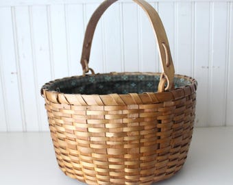 Antique Woven Wood Splint Swing Handle Gathering Basket - Early American, Primitive Hand Crafted Basket