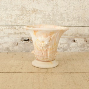 Vintage Akro Agate Caramel Swirl Slag Glass Vase w/ Lily, Iris, Daffodil Flower Design - Caramel & White Swirl Slag Glass - 1950s Glass Vase