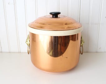 Vintage CopperCraft Guild Ice Bucket - Brass Lion Ring Handles - Mid Century Covered Ice Bucket