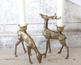 Brass Deer Buck & Doe Candleholder - Christmas Reindeer - Vintage Brass Animal Candlesticks - Cabin, Lodge Decor