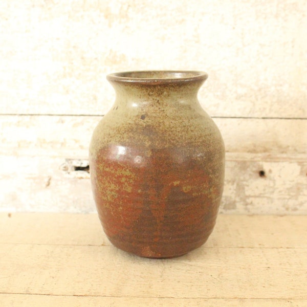 Vintage Hand Thrown Art Studio Pottery Vase - Heavy Pottery Vase Mottled Beige, Gray & Rust Pottery - Artist Signed Hand Thrown Pottery Vase