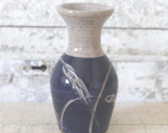 Vintage Studio Pottery Vase - Signed by Artist, Hand Thrown Studio Pottery Vase - Blue & Beige Glazed Vase - Modern Decor - Mid Century Vase