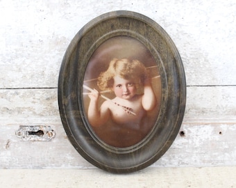 Vintage c1897 Cupid Awake Sepia Lithograph by MB Parkinson - Framed Victorian Art in Antique Metal Oval Frame