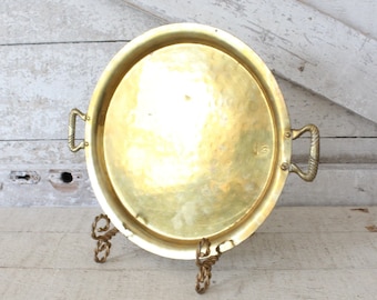 Vintage Hand Crafted Hammered Brass Serving Tray - Handmade Brass Serving Tray with Side Handles - Round Brass Tray - Aged to Perfection!
