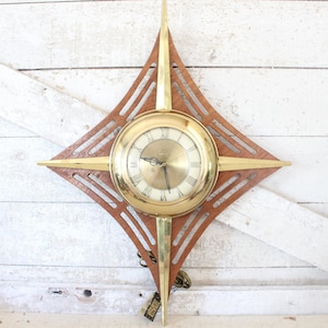 Vintage Mid Century United Teak & Brass Electric Wall Clock - 1960s Modern Wall Clock with Teak and Brass Accents - Starburst Modern Clock