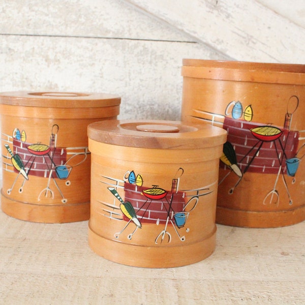 Vintage Wood 3PC Canister Set with Retro Front Decal - Mid Century Kitchen Canister Set - Wood Kitchen Container w/Retro BBQ Transfer Design
