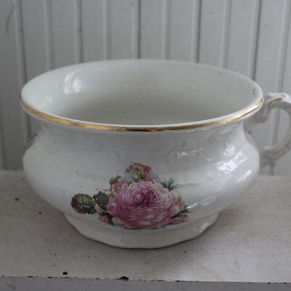 Antique Dresden Ironstone Chamber Pot c.1900 - Made in USA - Pink Semi Porcelain Bedroom Washstand Chamber Pot - Country Farmhouse Planter