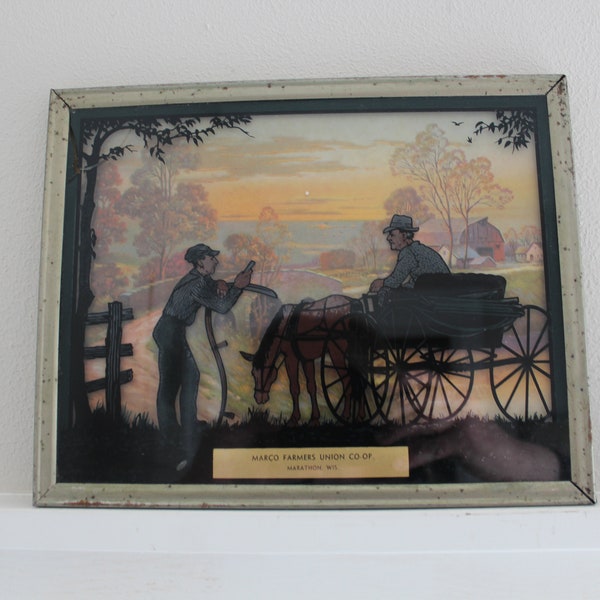 Vintage Reverse Painted Advertising Picture for Marco Farmers Union Co-Op Marathon, Wisconsin - Advertising Horse & Buggy Scene in Tin Frame