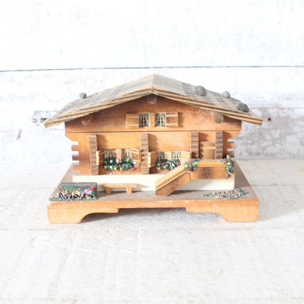 Vintage Swiss Chalet Collectible Music Box - Made by Reuge - Hand Made Music Box Plays The Happy Waltz - Mid Century Music / Jewelry Box